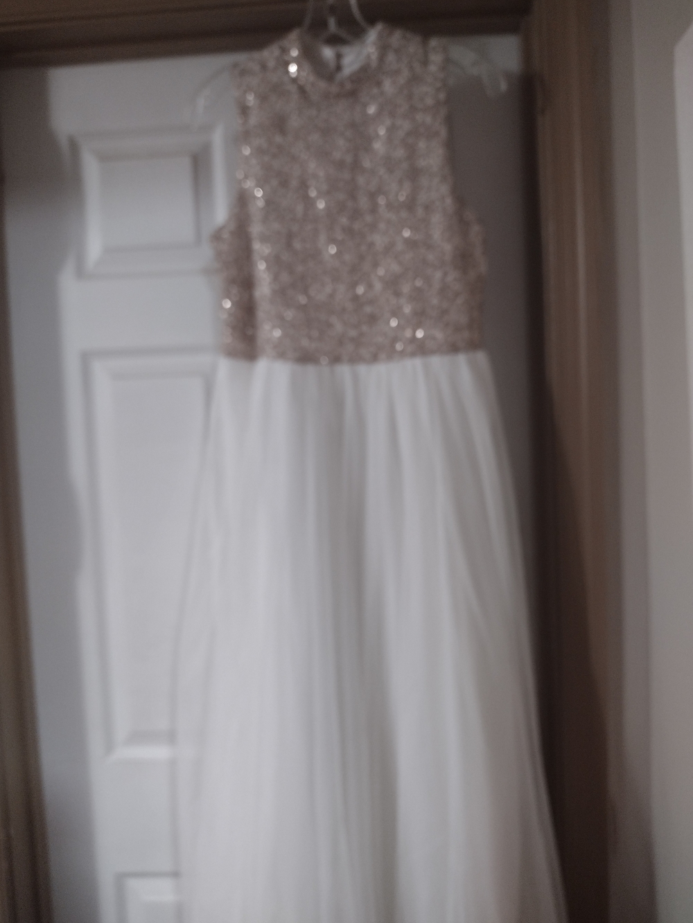 Girls' White Tulle Dress with Champagne Sequin Bodice